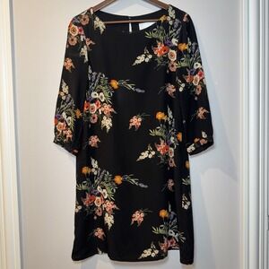 Amour Vert Womens Shift Dress Black Floral 3/4 Sleeve Silk Non- Lined ButtonSz S